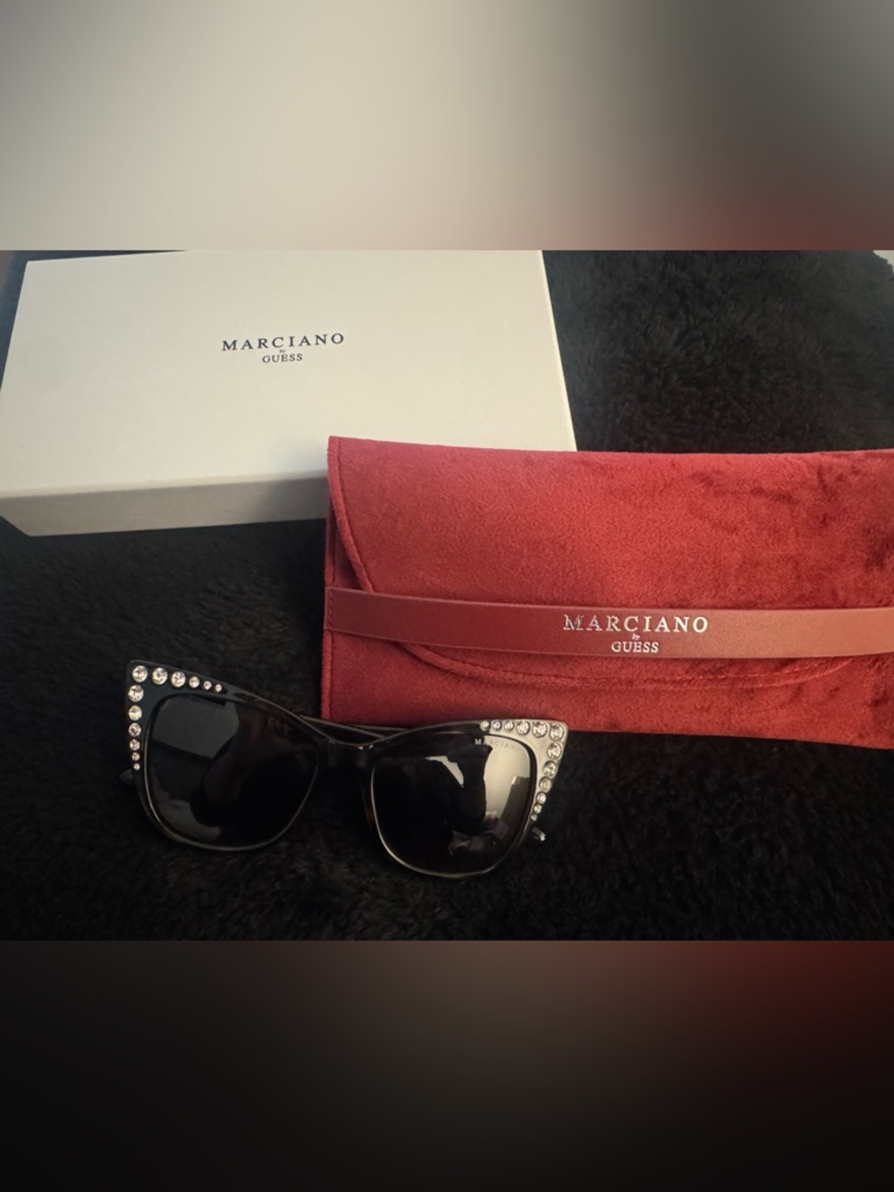 Marciano Red Suede Clutch with Black Crystal-Embellished Sunglasses